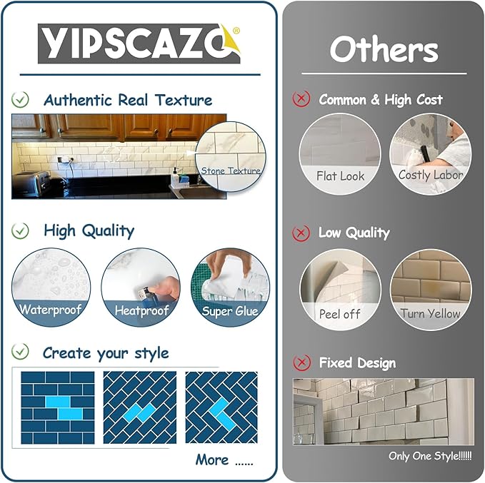 Yipscazo Peel and Stick backsplash 3 x 6 Inches 3D PVC Composite Wall Tile Stick on Backsplash Tile for Kitchen Bathroom, Laundry Room, Fireplace(Skin Marble White, 160 Pieces)