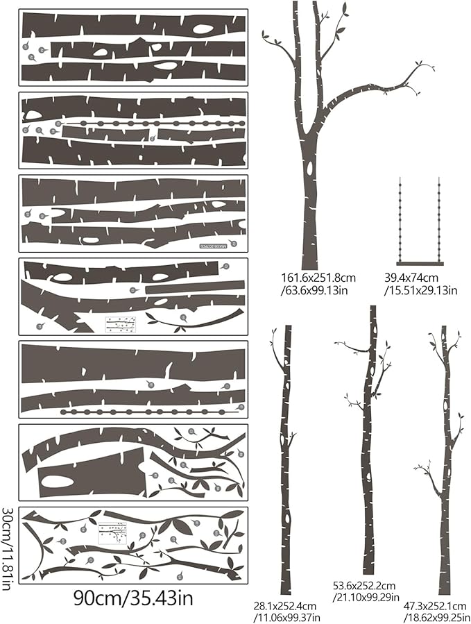 Yeysynana Large Tree Wall Decals Huge Size Birch Tree Forest Wall Art Peel and Stick DIY Wall Stickers for Nursery Kids Bedroom Living Room Wall Decor (Black)