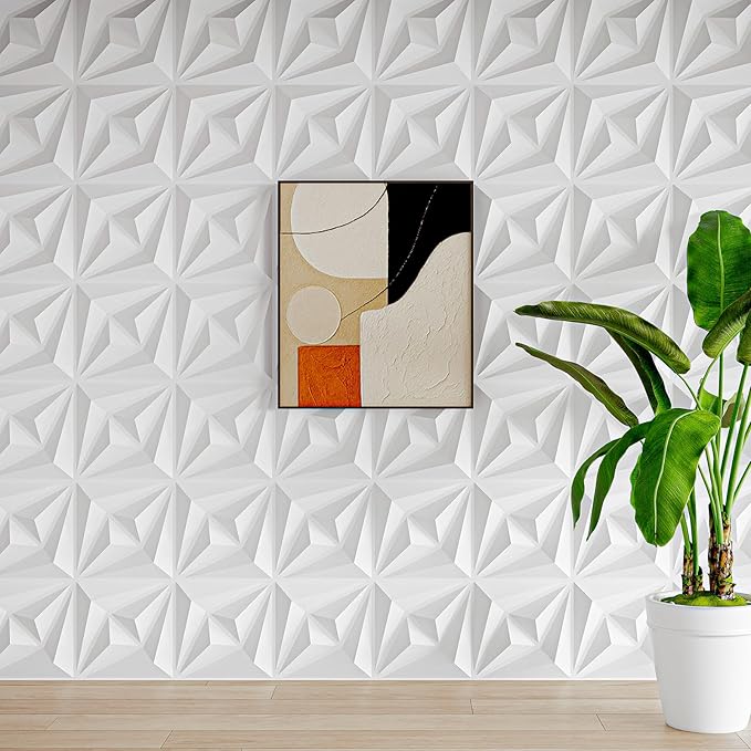 AMZDEPOT 50 Pack 3D Wall Panels for Interior Wall Decor, 3 Layout Options PVC Textured Wall Art Decor for Living Room Bedroom TV Background Gaming Room, 12''x12'', White