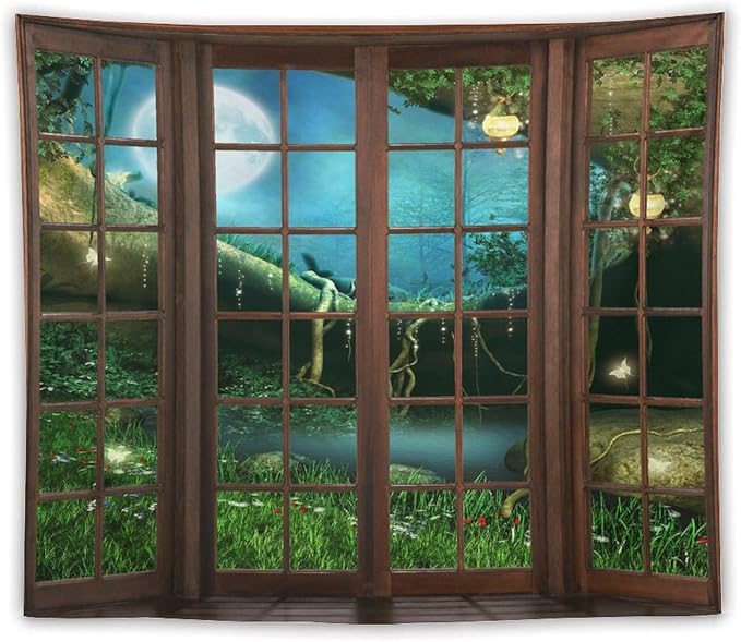 ZhiRain Fantasy Landscape Tapestry Wall Hanging Wooden Window Enchanted Forest Green Jungle Magic Full Moon Plant Night Scene Tapestries Home Decor for Living Room Bedroom Apartment Farmhouse 50"x60"