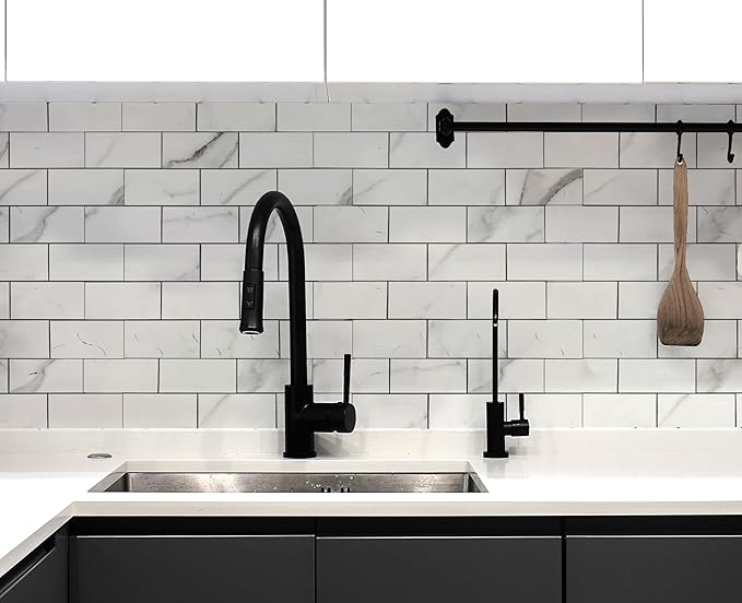 20-Pack Peel and Stick Tile Backsplash 12"X12" PVC Wall Tiles, Stick on Backsplash for Kitchen, Bathroom Tile, Fireplace Décor, Laundry Table, Stair Decals in White Marble