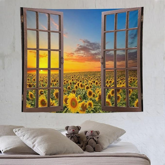 ZhiRain Sunflowers Scenery Tapestry Wall Hanging Through The Window Fields Sunset Landscape Tapestries Home Decor for Living Room Bedroom Apartment Farmhouse Dorm 50"x60"