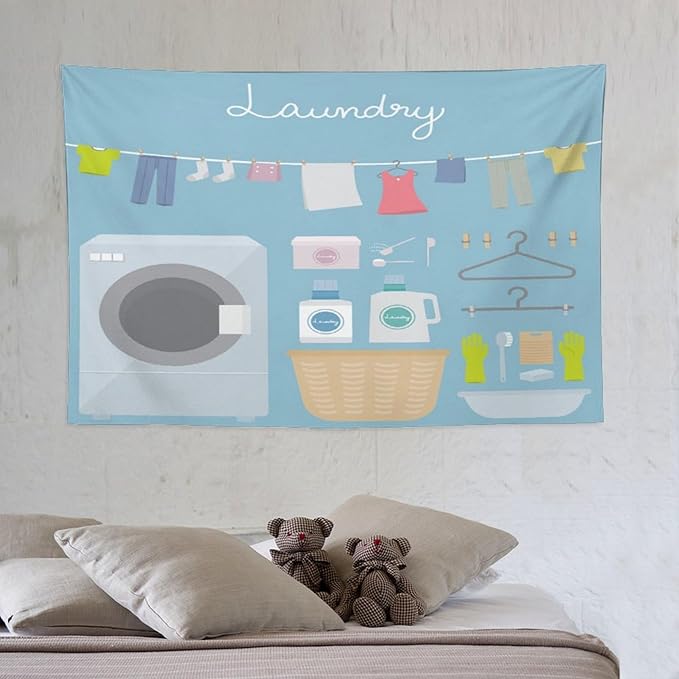 ZhiRain Laundry Room Tapestry Wall Hanging Blue Cartoon Wash Dry Fold Tapestries Home Decor for Living Room Bedroom Farmhouse Apartment Dorm 40"x60"
