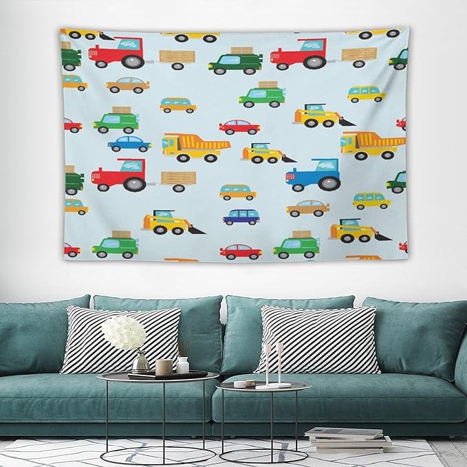 ZhiRain Cartoon Cars Print Tapestry Wall Hanging for Kids Room Cartoon Shovel And Trucks Blue Tapestries Home Decor for Living Room Bedroom Apartment Farmhouse Dorm 40"x60"