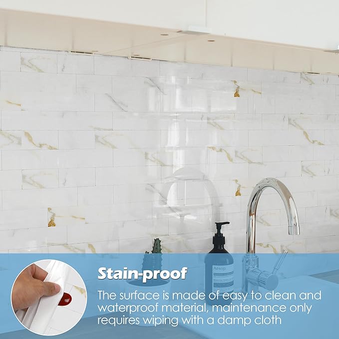 5-Pack Peel and Stick Tile Backsplash 12"X12" PVC Wall Tiles, Stick on Backsplash for Kitchen, Bathroom Tile, Fireplace Décor, Laundry Table, Stair Decals in Vintage Polished Marble