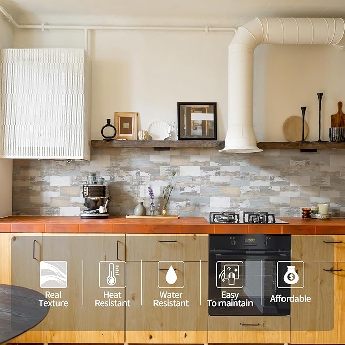 Yipscazo Peel and Stick backsplash 3 x 6 Inches 3D PVC Composite Wall Tile Stick on Backsplash Tile for Kitchen Bathroom, Laundry Room, Fireplace(Vintage Wood Grain, 160 Pieces)