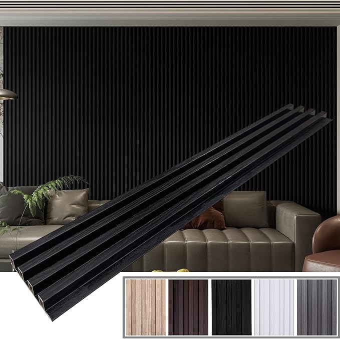 YLL YLL 6-Pack Slat Wall Panel with 2 Trims Wood Grain Slat Wall 96" x 6.2" WPC Slats 3D Wall Panels Black Grille