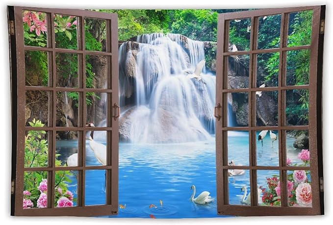 ZhiRain Waterfall Landscape Tapestry Wall Hanging Natural Forest Garden Trees And Roses Flower Scenery Tapestries Home Decor for Living Room Bedroom Apartment Farmhouse Dorm 40"x60"