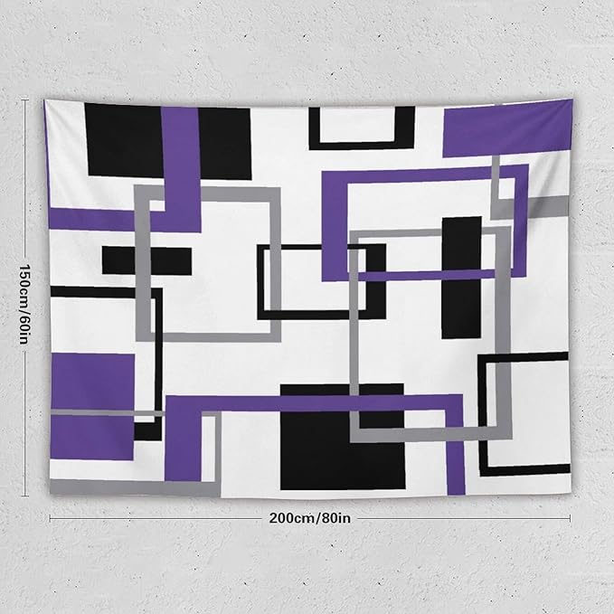 ZhiRain Purple Tapestry Wall Hanging Mid Century Modern Geometric Abstract Lavender Black Grey Square White Backdrop Tapestries Home Decor for Living Room Bedroom Apartment Farmhouse 60"x80"