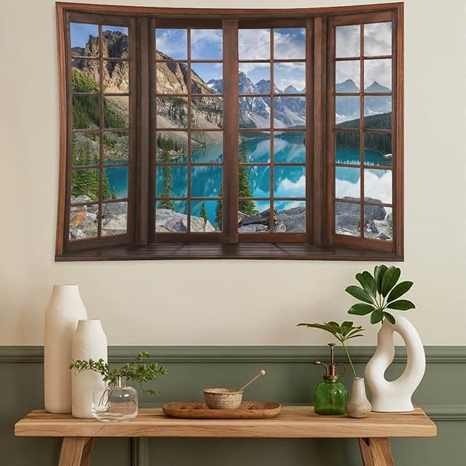 ZhiRain Mountain Landscape Tapestry Wall Hanging Nature Scenery Lake Pine Tree Forest Blue Sky Through Brown Window Tapestries Home Decor for Living Room Bedroom Apartment Farmhouse 50"x60"