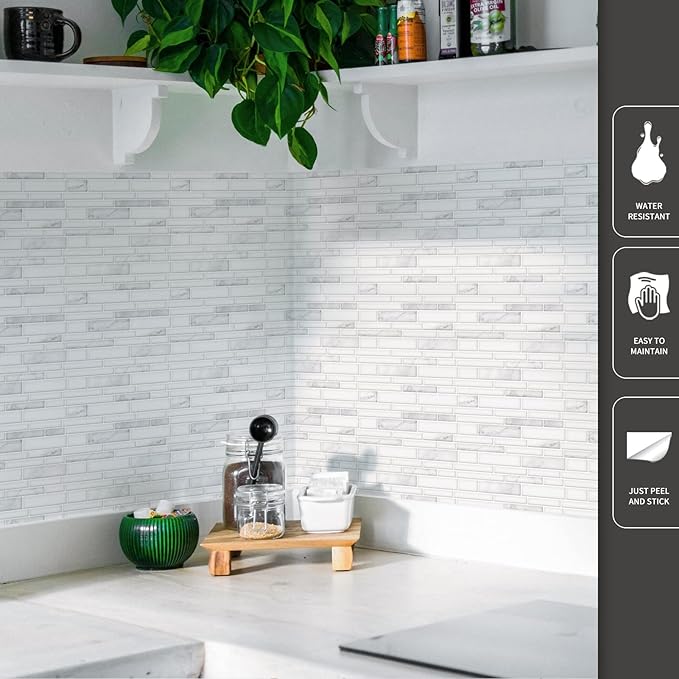 Art3d 10-Sheet Premium Stick On Kitchen Backsplash Tiles, 12"x12" Peel and Stick Self Adhesive Wall Tiles, White Marble Design