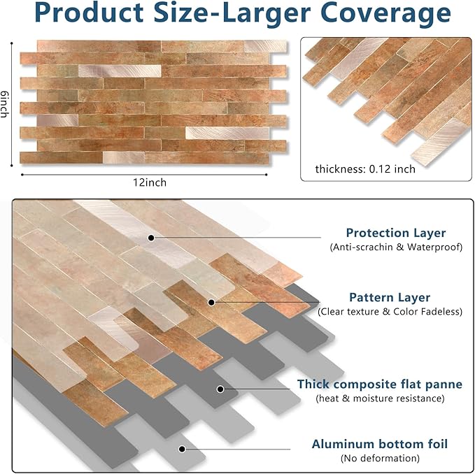 Yipscazo 20 Sheets PVC Wall Tiles Stick on Tiles for Backsplash Kitchen, Bathroom, Laundry Room, Camper, Fireplace (6'' X 12'', Copper Metal)