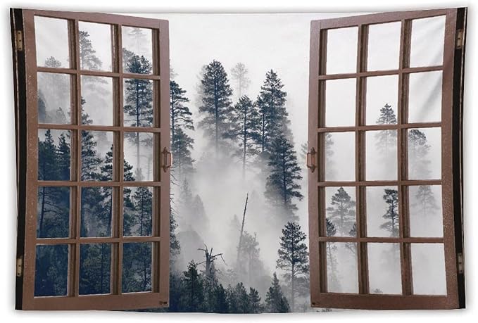 ZhiRain Misty Forest Landscape Tapestry Wall Hanging Wooden Window Forest Mountain Tree Scenery Tapestries Home Decor for Living Room Bedroom Apartment Farmhouse Dorm 60"x90"