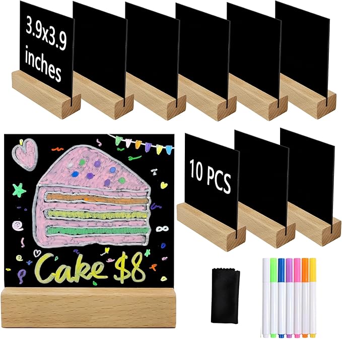 10 Pack Food Labels for Party Buffet with Wooden Stands, Acrylic Mini Chalkboard Signs, 3.9x3.9 inch Blank Black Acrylic Table Signs for Outdoor Wedding Table Numbers, Reserved, Cafe, Menu (Natural)