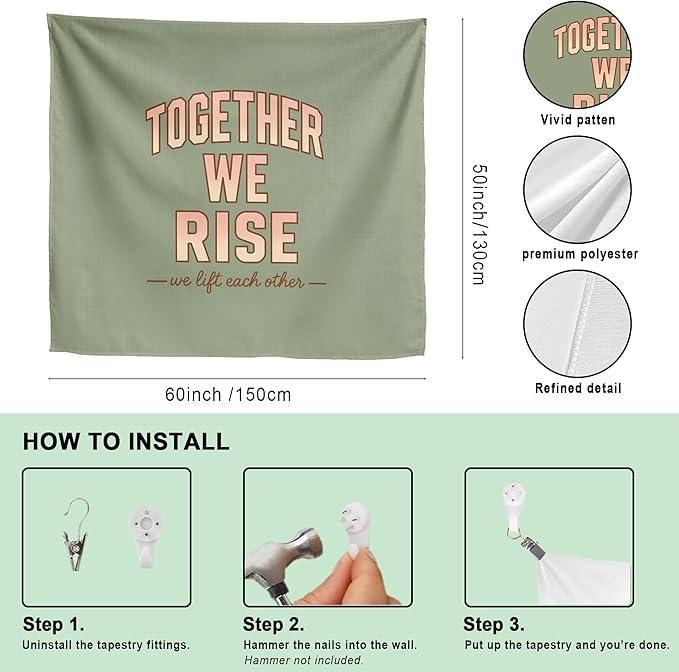 Xolytar Sage Green Tapestry Together We Rise - Preppy Room Decor Aesthetic, Retro Motivational Quote Wall Art for Teen Girls Bedroom, Sorority Dorm, Classroom & Office (50x60)