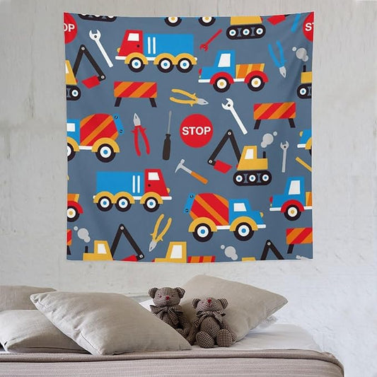 ZhiRain Cartoon Bulldozer Truck Tapestry Wall Hanging for Kids Bedroom, Cartoon Tractor Tapestries Home Decor for Living Room Bedroom Apartment Farmhouse Dorm 60"x60"