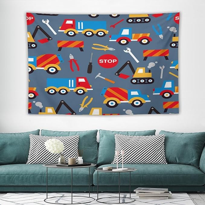 ZhiRain Cartoon Bulldozer Truck Tapestry Wall Hanging for Kids Bedroom, Cartoon Tractor Tapestries Home Decor for Living Room Bedroom Apartment Farmhouse Dorm 40"x60"