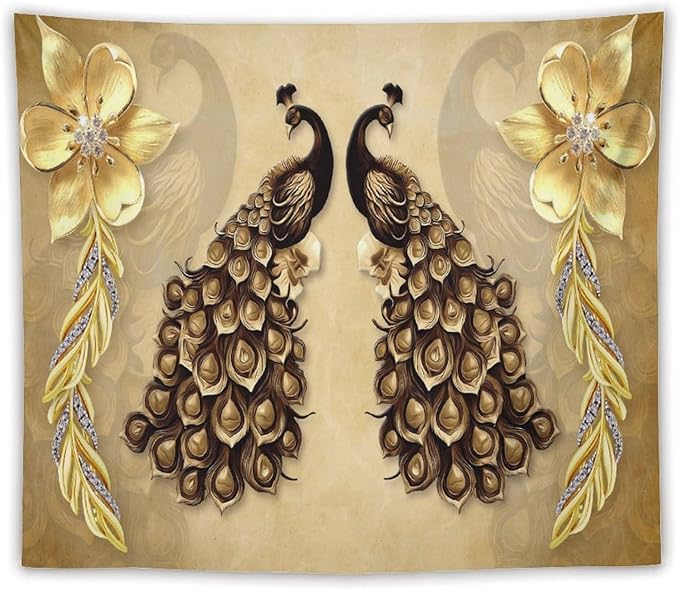 ZhiRain Gold Peacock Tapestry Wall Hanging Vintage Bird Rustic Animal Elegant Flower Luxury Tapestries Home Decor for Living Room Bedroom Farmhouse Apartment Dorm 50"x60"