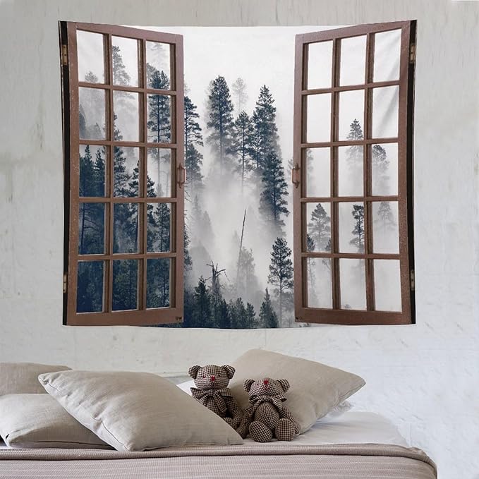 ZhiRain Misty Forest Landscape Tapestry Wall Hanging Wooden Window Forest Mountain Tree Scenery Tapestries Home Decor for Living Room Bedroom Apartment Farmhouse Dorm 50"x60"