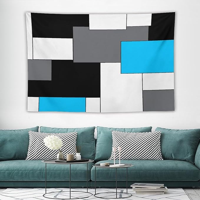ZhiRain Black,Grey,Sky Blue,White Tapestry Wall Hanging Geometry Pattern Digital Print Multicolor Tapestries Home Decor for Living Room Bedroom Farmhouse Apartment Dorm 60"x90"