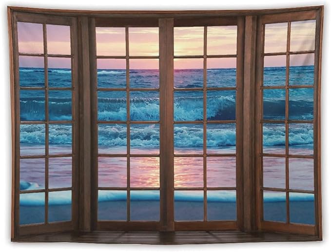 ZhiRain Landscape Tapestry Wall Hanging Beach Sand Ocean Waves Seaside Brown Window View Tapestries Home Decor for Living Room Bedroom Apartment Farmhouse Dorm 60"x80"