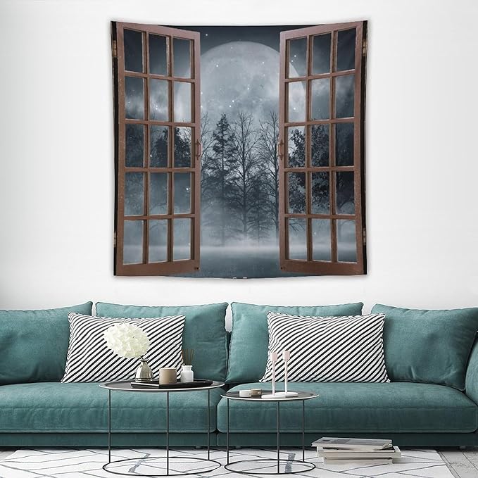 ZhiRain Misty Landscape Tapestry Wall Hanging Dark Black Nature Moon Gothic Tree Scenery Foggy Woodland Tapestries Home Decor for Living Room Bedroom Apartment Farmhouse Dorm 60"x60"