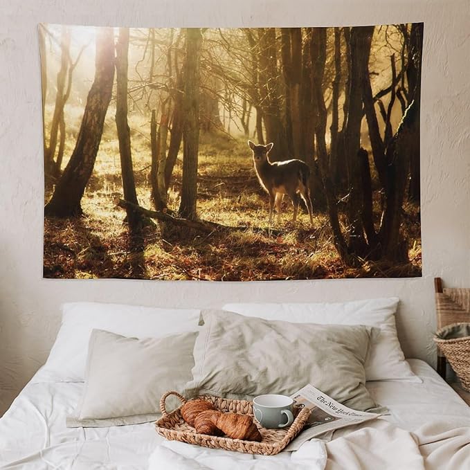 ZhiRain Forest Tapestry Wall Hanging Natural Forest And Deer at Sunset Pattern Tapestries Home Decor for Living Room Bedroom Apartment Farmhouse Dorm 60"x90"