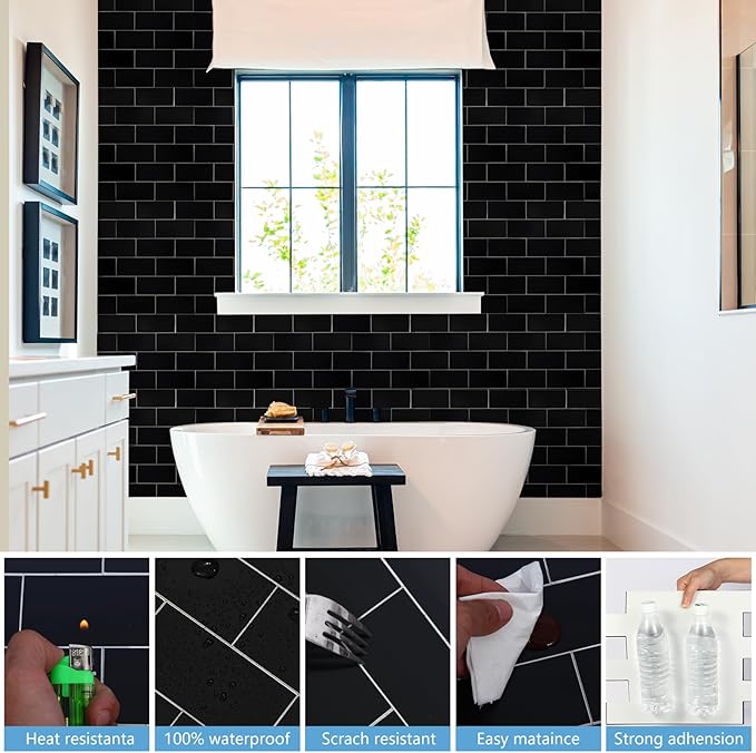 1-Pack Peel and Stick Tile Backsplash 12"X12" PVC Wall Tiles, Stick on Backsplash for Kitchen, Bathroom Tile, Fireplace Décor, Laundry Table, Stair Decals in Black