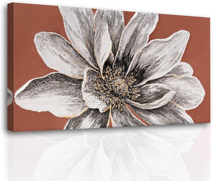 ZHENGYIN Floral Canvas Wall Art, Textured White Flower Painting with Terracotta Warm Tones, Rustic Modern Farmhouse Wall Decor for Living Room Bedroom, Above Sofa, 24x48 Inch