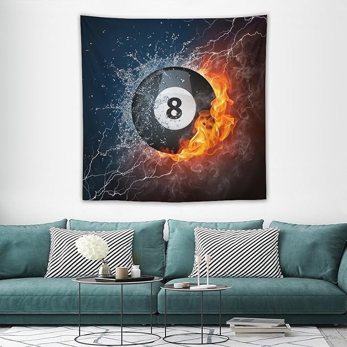 ZhiRain Teen Billiards Tapestry Wall Hanging Abstract Fire Water Black Billiard Eight Ball Tapestries Home Decor for Living Room Bedroom Farmhouse Apartment Dorm 60"x60"