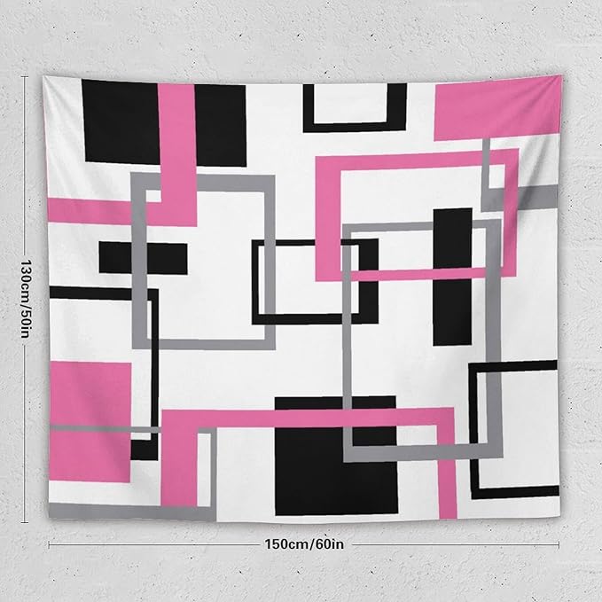 ZhiRain Pink Tapestry Wall Hanging Modern Geometric Abstract Pink Grey White Background Mid Century Square Tapestries Home Decor for Living Room Bedroom Apartment Farmhouse Dorm 50"x60"