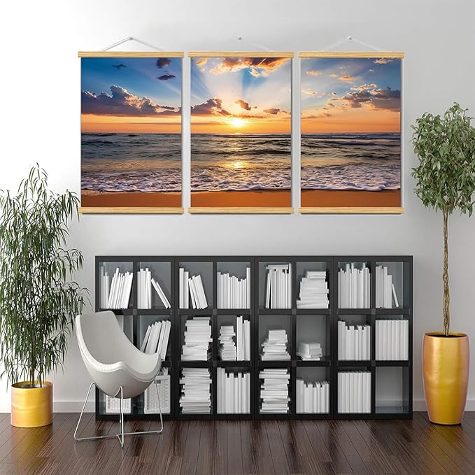 3pcs Beach Canvas Wall Art, Canvas Art with Frames, For Office Home Decor Bedroom Living Room Wall Decor. (Red Beach 29L x 20W, Framed)
