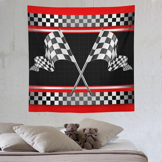 ZhiRain Race Car Flag Tapestry Wall Hanging Abstract Modern Art Racing Car Black White Checked Flag Tapestries Home Decor for Living Room Bedroom Apartment Farmhouse Dorm 60"x60"