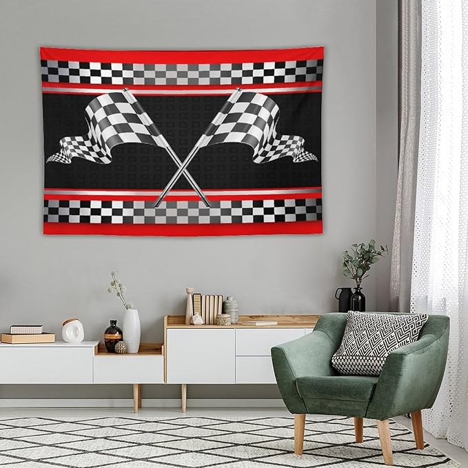 ZhiRain Race Car Flag Tapestry Wall Hanging Abstract Modern Art Racing Car Black White Checked Flag Tapestries Home Decor for Living Room Bedroom Apartment Farmhouse Dorm 60"x90"