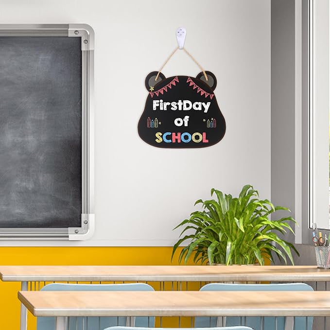 12‘’×10‘’ Wooden Double Sided Hanging Chalkboard Sign, Erasable Kids Chalkboard with Hanging String, 4 Chalks, 2 Hooks,1 Eraser, Message Blackboard Sign for Store Classroom Office Outdoor (Bear)