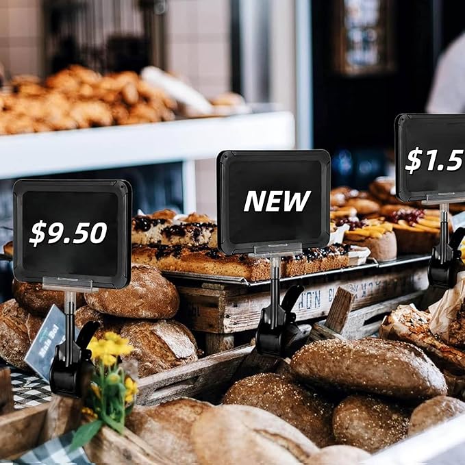 ZHENGMAI 10 Pack Black Acrylic Sign Holder with Clamp, Double Head Rotating Price Display Signs with PVC Card Protector, Sale Signs for Retail Store, Clothing, Dessert Rack 6 x 9 Inch