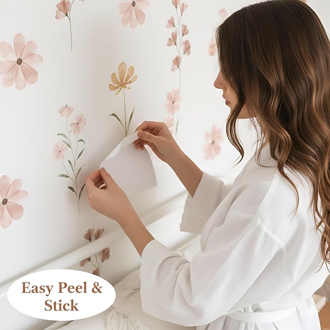 48 PCS Boho Flower Stickers Daisy Wall Decals for Girls' Rooms, Playrooms, and Nurseries Dual Layer Print for High Coverage Removable Peel and Stick Wall Decor