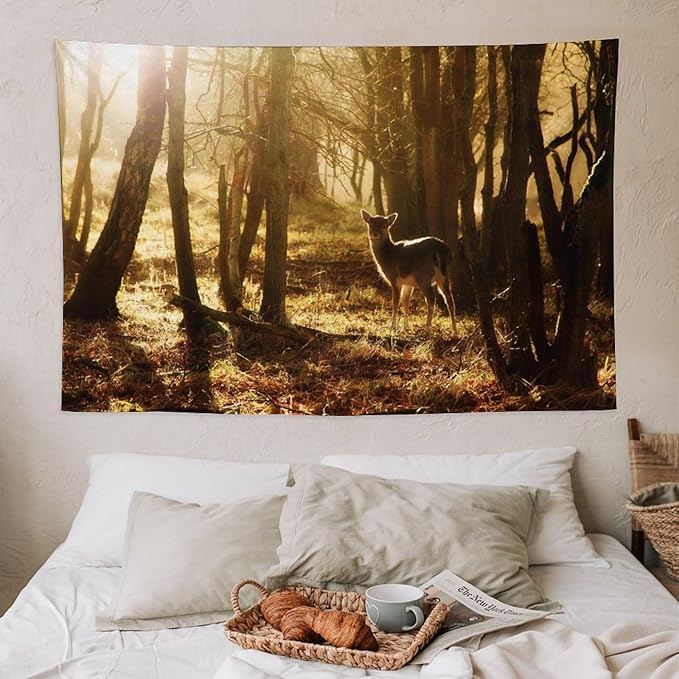ZhiRain Forest Tapestry Wall Hanging Natural Forest And Deer at Sunset Pattern Tapestries Home Decor for Living Room Bedroom Apartment Farmhouse Dorm 40"x60"