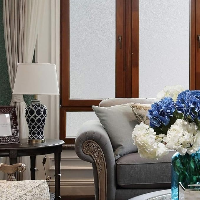 WPCTEV Window Privacy Film Frosted Glass Static Cling UV Sun Blocking Heat Control Window Tint Day and Night Insulation Home Bathroom Door Decorative Frosting Cover, 35.4 Inch x 8 Feet, Pure