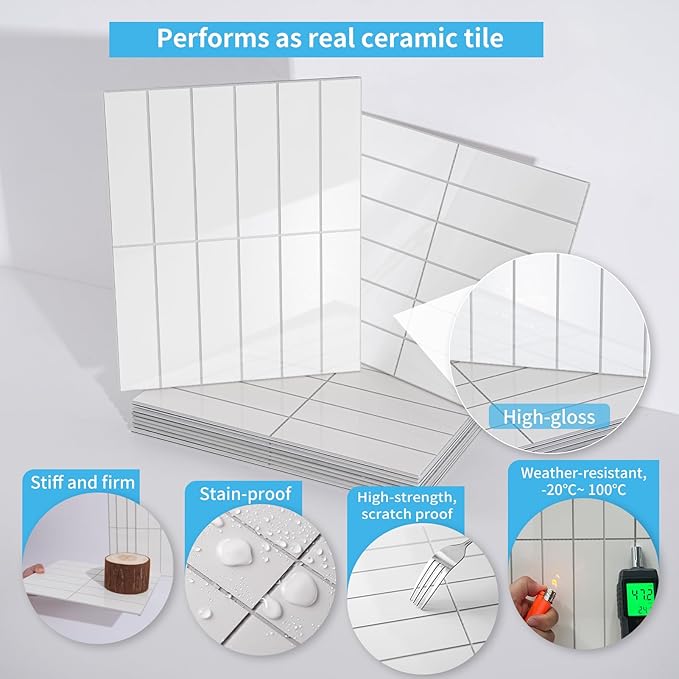 Art3d 10-Sheet Faux Marble Peel and Stick Backsplash Tile for Kitchen Wall Bathroom Countertops, 11.4 inch x 9.1 inch Stick-on Glazed-Ceramic Finish Resist to Water, Heat and Scratches, White