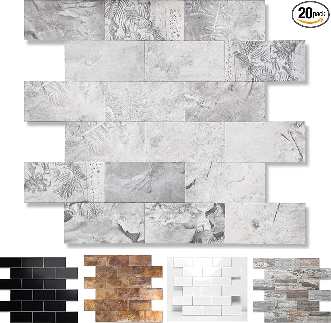 20-Pack Peel and Stick Tile Backsplash 12"X12" PVC Wall Tiles, Stick on Backsplash for Kitchen, Bathroom Tile, Fireplace Décor, Laundry Table, Stair Decals in Gray Stone