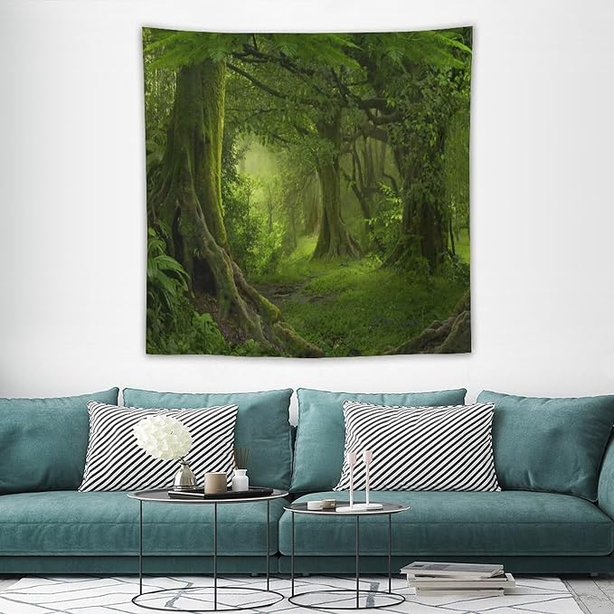 ZhiRain Misty Forest Tapestry Wall Hanging Green Tree in Jungle Forest Nature Scenery Woodland Backdrop Tapestries Home Decor for Living Room Bedroom Farmhouse Apartment Dorm 60"x60"