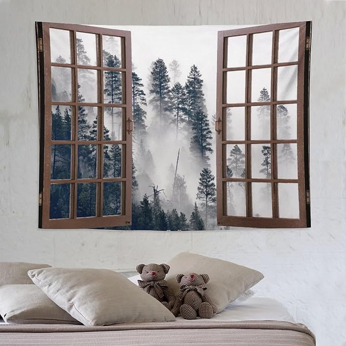 ZhiRain Misty Forest Landscape Tapestry Wall Hanging Wooden Window Forest Mountain Tree Scenery Tapestries Home Decor for Living Room Bedroom Apartment Farmhouse Dorm 60"x80"