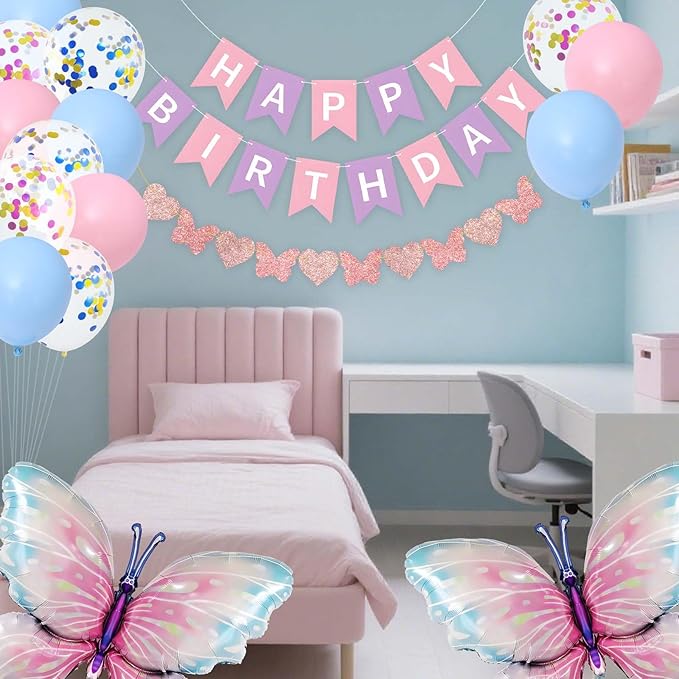 ZHENGYE Pink Blue Party Decorations Set Butterfly Happy Birthday Party Banner Butterflys Balloons Latex Balloon Butterfly Themed Party Women Girls Baby Shower Birthday Party Decoration Supplies