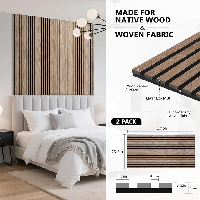 Acoustic Wall Panels, 2 Pack Wood Slat Wall Panel, Soundproof Wall Panels, 3D Textured Wall Decor for Ceiling and Wall, 23.6" x 47.2", in Walnut Finish
