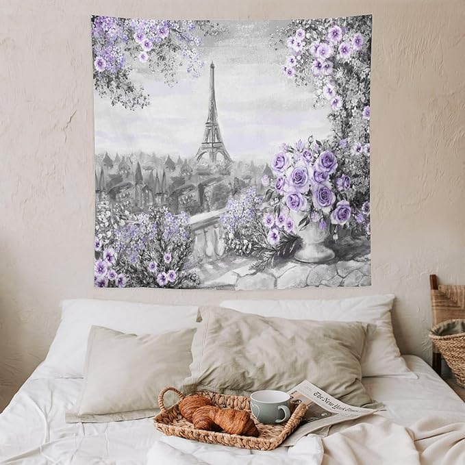ZhiRain Vintage Paris Tapestry Wall Hanging Eiffel Tower Purple Rose Flower Spring Cityscape Gray Tapestries Home Decor for Living Room Bedroom Apartment Farmhouse Dorm 60"x60"