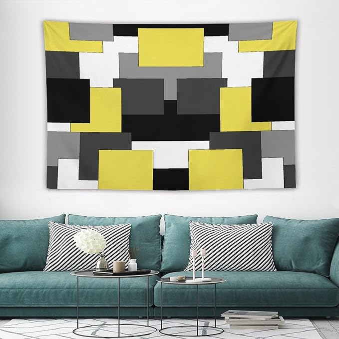 ZhiRain Yellow And Black Tapestry Wall Hanging Gray White Geometric Silver Dark Abstract Square Art Tapestries Home Decor for Living Room Bedroom Apartment Farmhouse Dorm 60"x90"