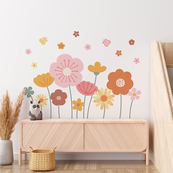 Zonon 6 Pcs Flowers Wall Decals Stickers Vinyl Removable Peel and Stick Colorful Dragonflies Floral Wall Murals Decor for Bedroom Living Room Nursery(Cute)