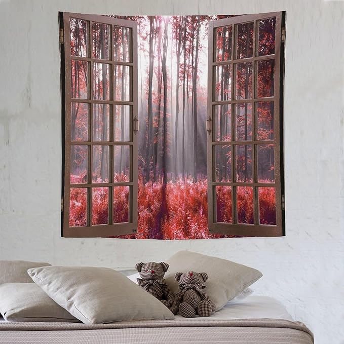 ZhiRain Red Forest Tapestry Wall Hanging Season Foggy Nature And Enchanted Woods Wild Trees Print Tapestries Home Decor for Living Room Bedroom Apartment Farmhouse Dorm 60"x60"