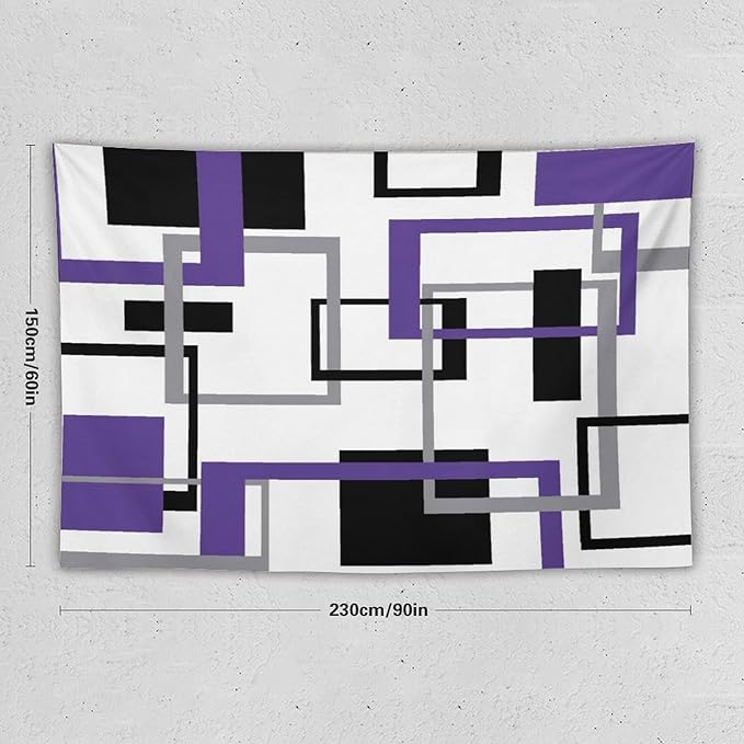 ZhiRain Purple Tapestry Wall Hanging Mid Century Modern Geometric Abstract Lavender Black Grey Square White Backdrop Tapestries Home Decor for Living Room Bedroom Apartment Farmhouse 60"x90"